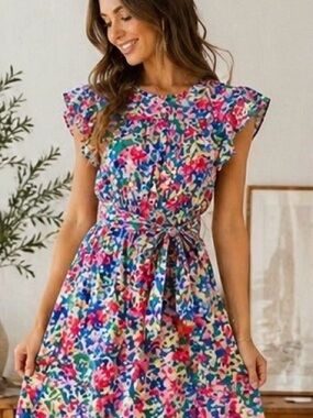 Pinch Floral Midi Dress Smocked Waist Ruffle Sleeve Cottagecore Spring Size S